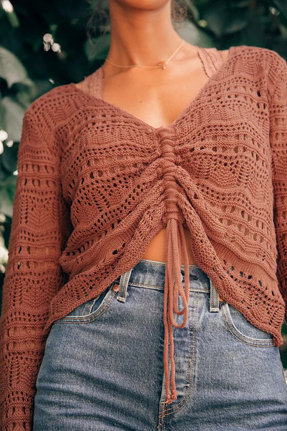 Only Yours Washed Burgundy Sheer Crochet Ruched Sweater Top | Lulus (US)