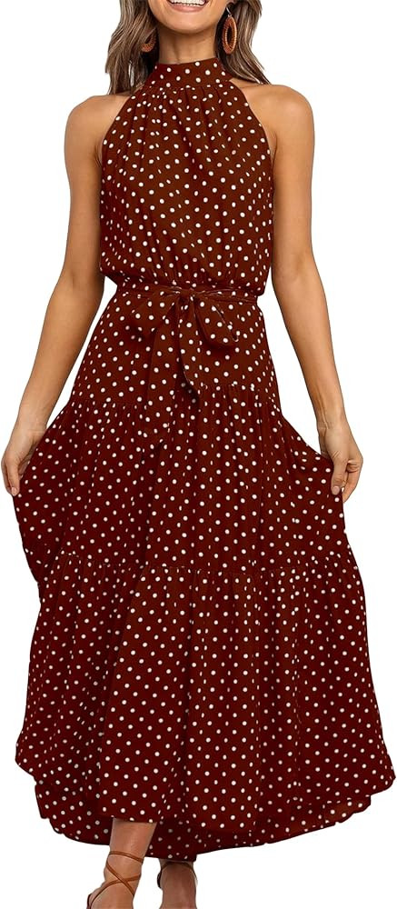 YMING Women's Summer Halter Neck Maxi Sun Dress Sleeveless Flowy Ruffle Hem Dress Long Dresses wi... | Amazon (US)