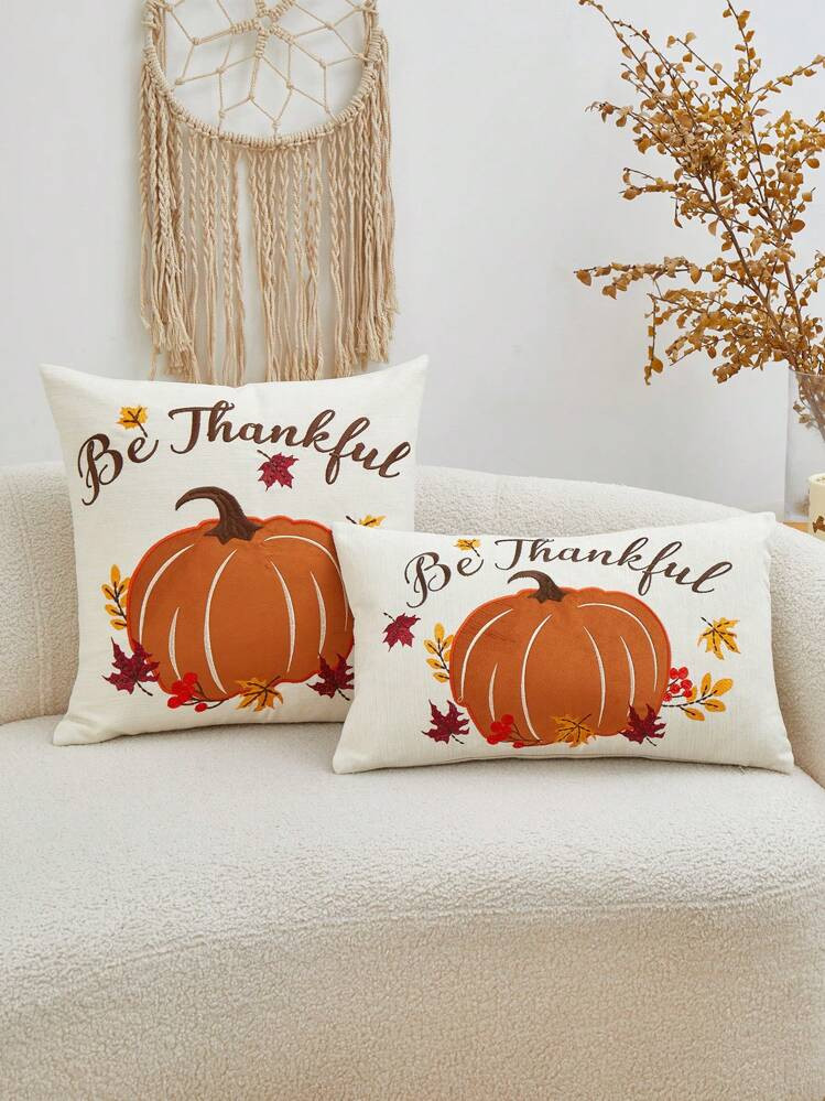 1pc Four-Season Commuting Style Autumn Wind Pumpkin & Leaves Embroidered Pillowcase, Home Decor | SHEIN