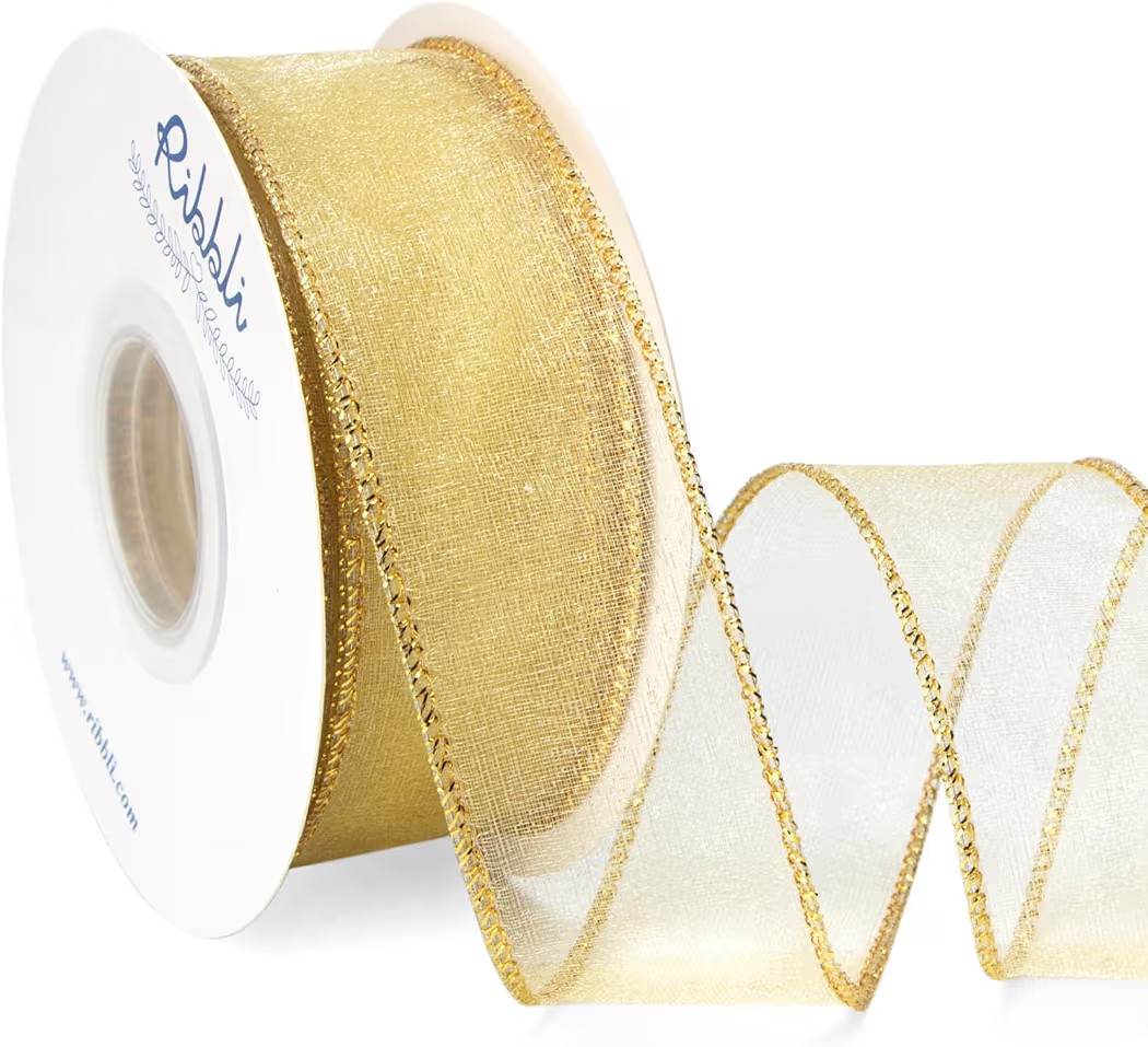 Ribbli Champagne Gold Organza Wired Ribbon, Gold Sheer with Metallic Edge,1-1/2 Inch x 20 Yards C... | Amazon (US)