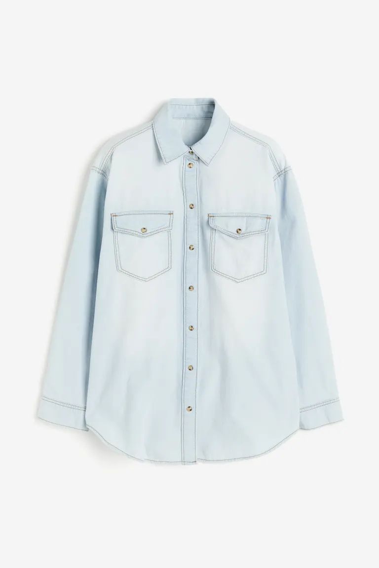 Denim shirt - Long sleeve - Regular length - Pale denim blue - Ladies | H&M GB | H&M (UK, MY, IN, SG, PH, TW, HK)