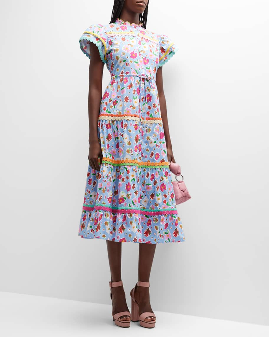 Carnelian Band-Collar Drawstring-Waist Floral Midi Dress | Neiman Marcus