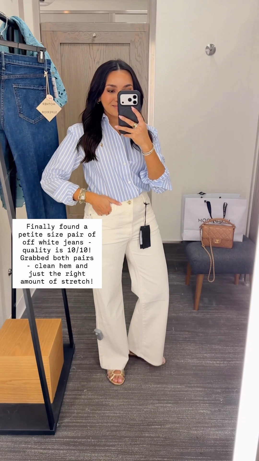 White stripe button down size 0  TTS
Off white Champagne ecru  jeans size 26 petite TTS
Straight leg jeans size 27 petite - sized up a size

#LTKootd #LTKPetite #LTKgrwm