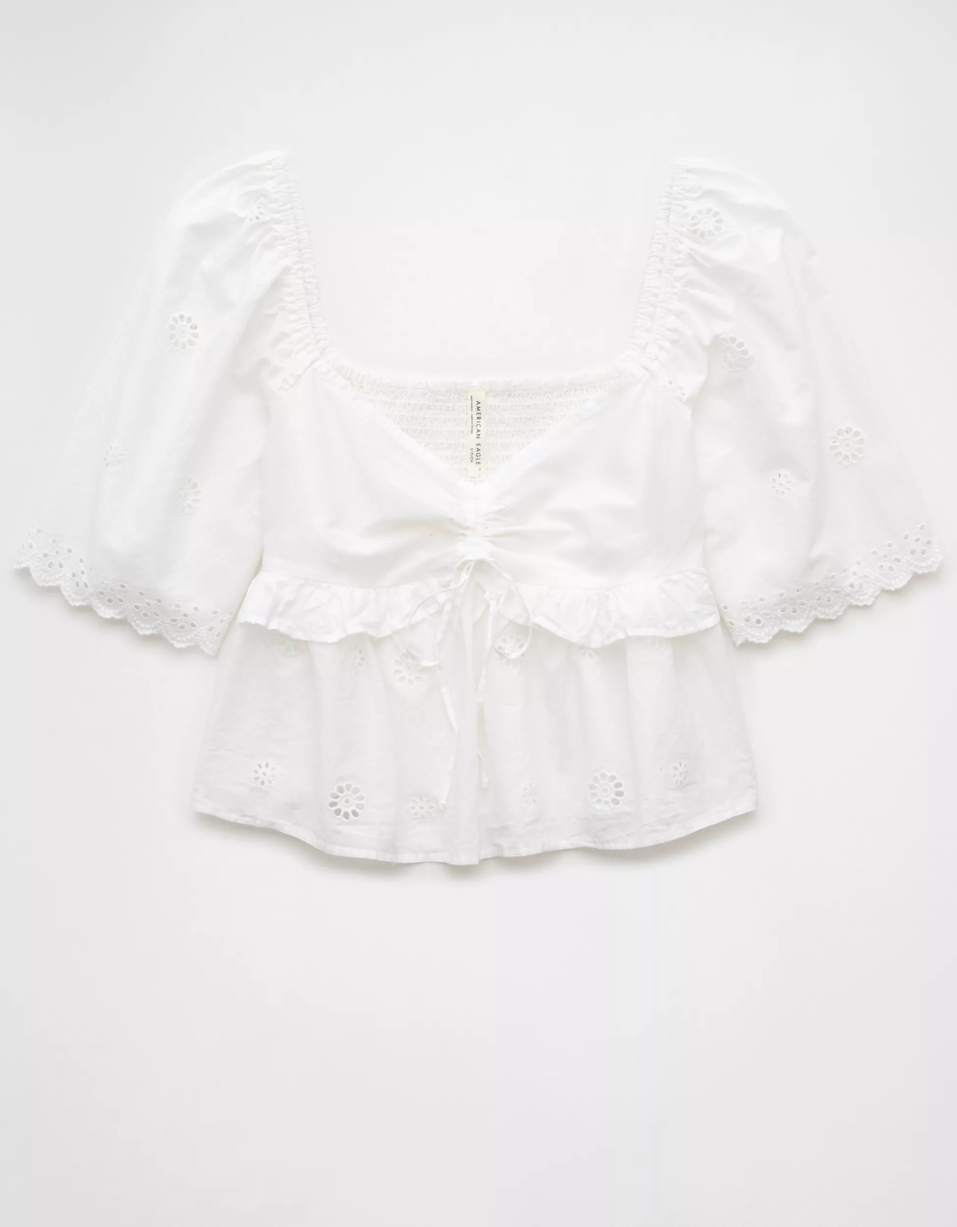 AE Flutter Sleeve Eyelet Babydoll Blouse | American Eagle Outfitters (US & CA)
