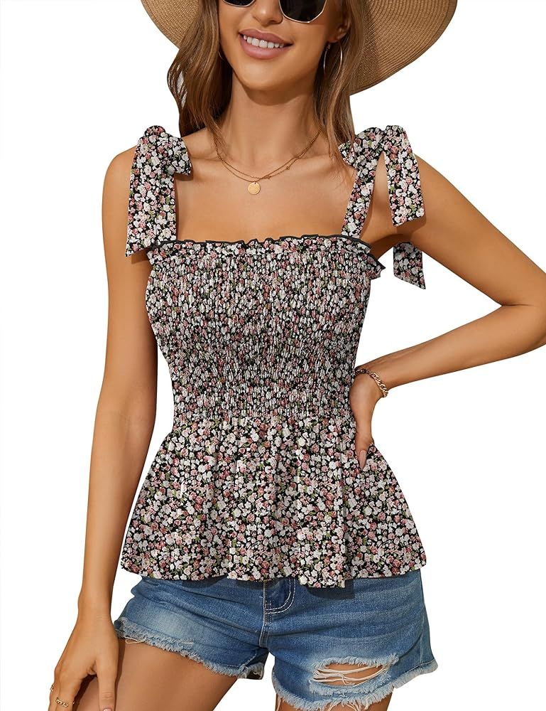 Micoson Ruffle Tank Tops for Women Summer Square Neck Sleeveless Tops Tie Shoulder Chiffon Blouse... | Amazon (US)