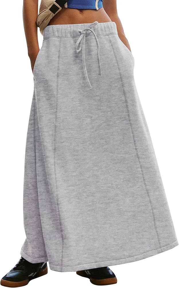 Meladyan Women’s Solid A Line Maxi Sweat Skirt Relaxed Fit Low Waist Athletic Skirt with Pocket... | Amazon (US)
