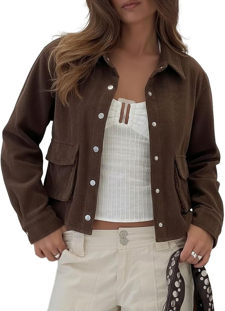 Beaully Womens Corduroy Cropped Shacket Jacket Short Button Down Long Sleeve 2026 Spring Outwear ... | Amazon (US)
