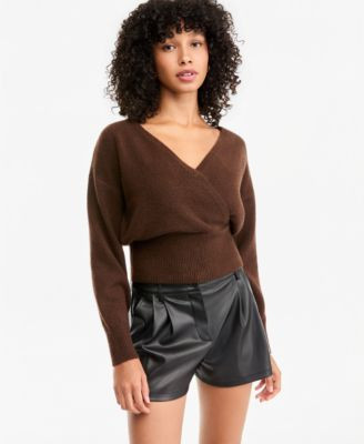 Bar Iii Women's Sculpted Surplice Long-Sleeve Ribbed-Knit Sweater, Macy's Exclusive - Heather Gray | Macy's