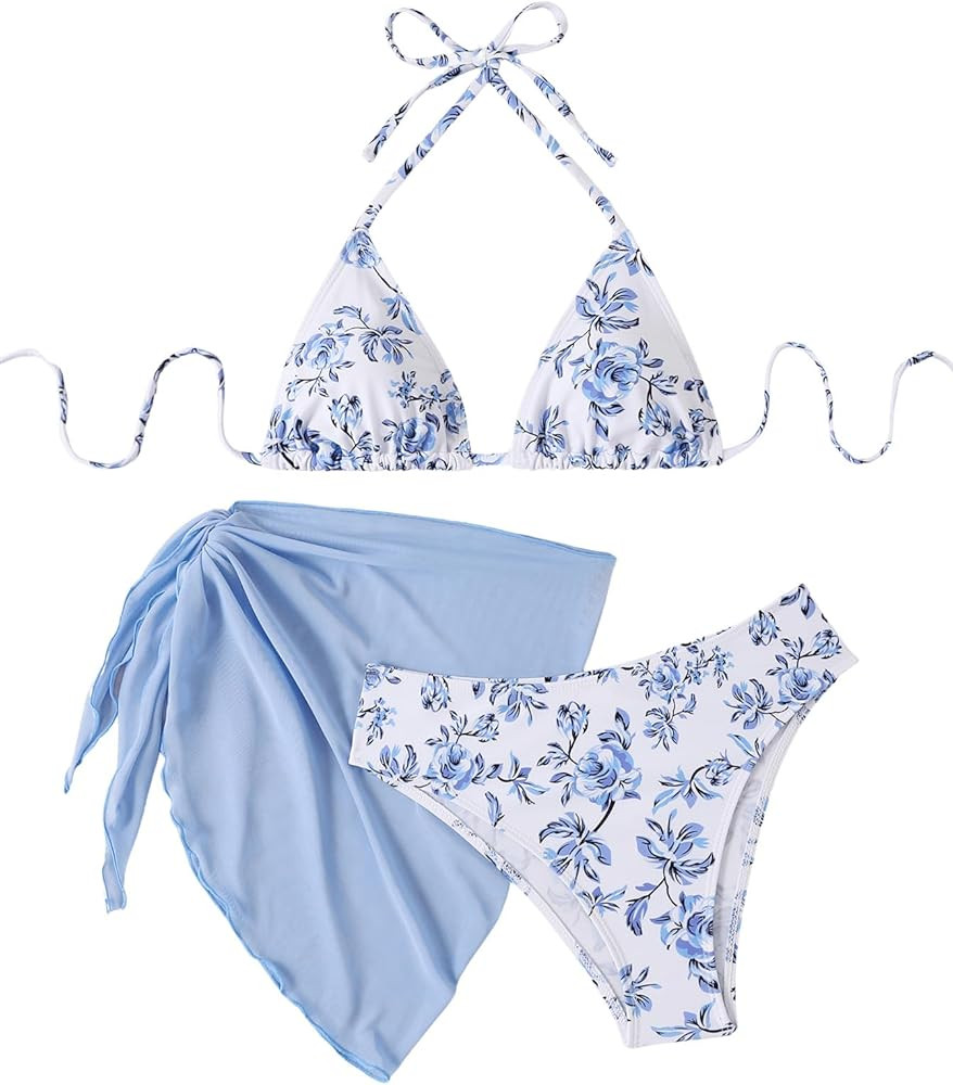 SOLY HUX Bikini Sets for Women 3 Piece Floral Print Halter Triangle Bathing Suit Swimsuit with Sa... | Amazon (US)