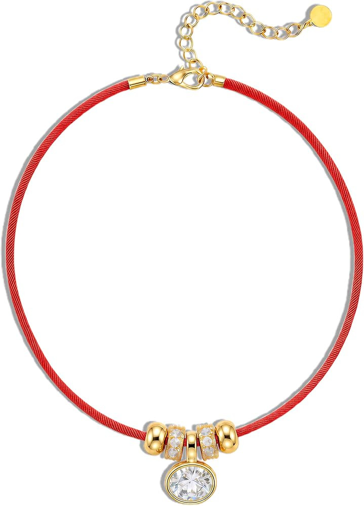 Oval Cubic Zirconia Pendant Red Silk Rope Cord Necklace for Women, Dainty Bezel Set Clear CZ Mini... | Amazon (US)