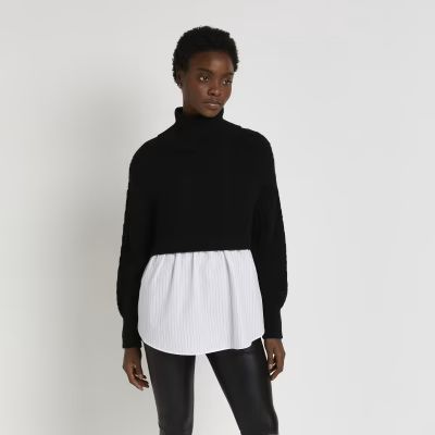 Black chunky cable knit shirt jumper | River Island (UK & IE)
