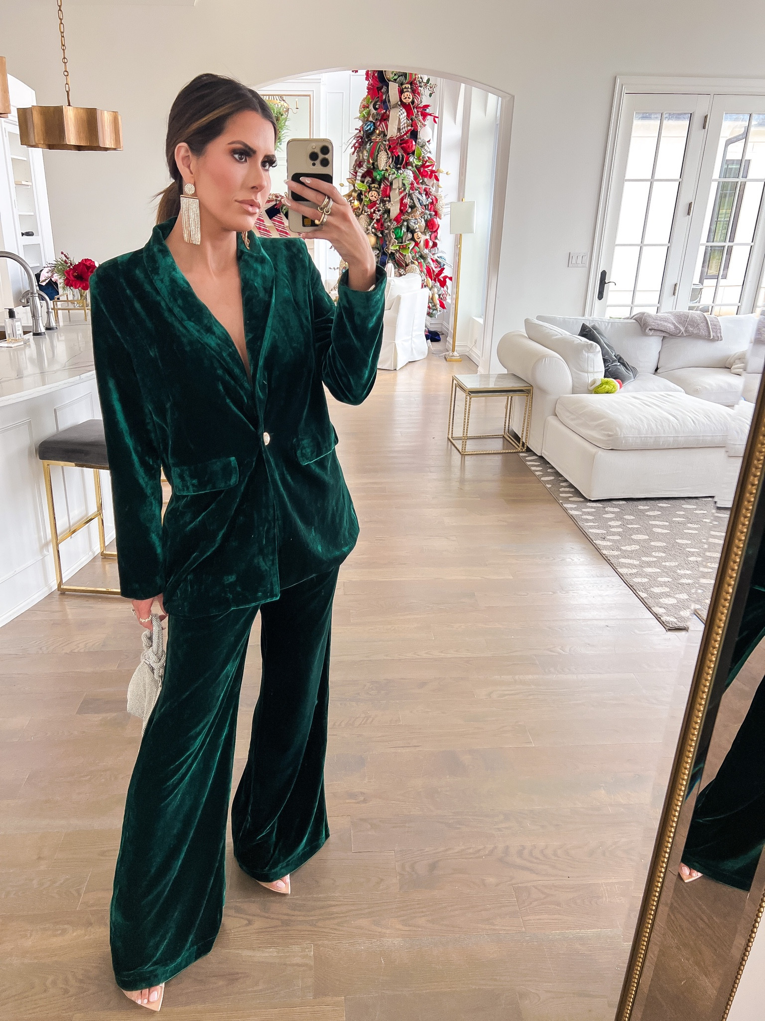 Wearing size small in blazer and pants. Use code THANKEMILYANN for 25% off. Velvet Suit, Green Velvet Blazer, Cult Gaia Handbag, Cult Gaia Dupe Handbag, Holiday Outfit, Christmas Outfit, Earrings, Nude Heels, Gianvito Rossi Heels, Emily Ann Gemma 

#LTKHoliday #LTKstyletip #LTKSeasonal