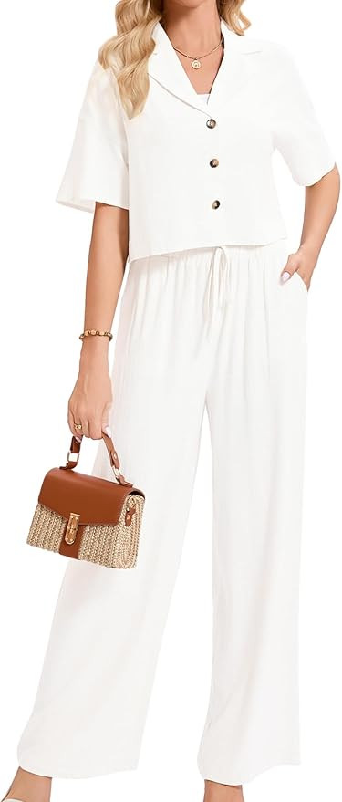 HMICQU Women's Linen 2 Piece Sets Summer Business Casual Outfits Short Sleeve Shirt and Wide Leg ... | Amazon (US)