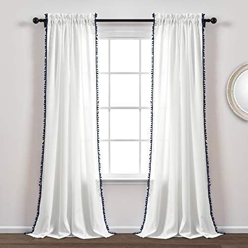 Lush Decor, Navy Pom Curtain | Textured, Solid Color Shabby Chic Style Window Panel for Living, Dini | Amazon (US)