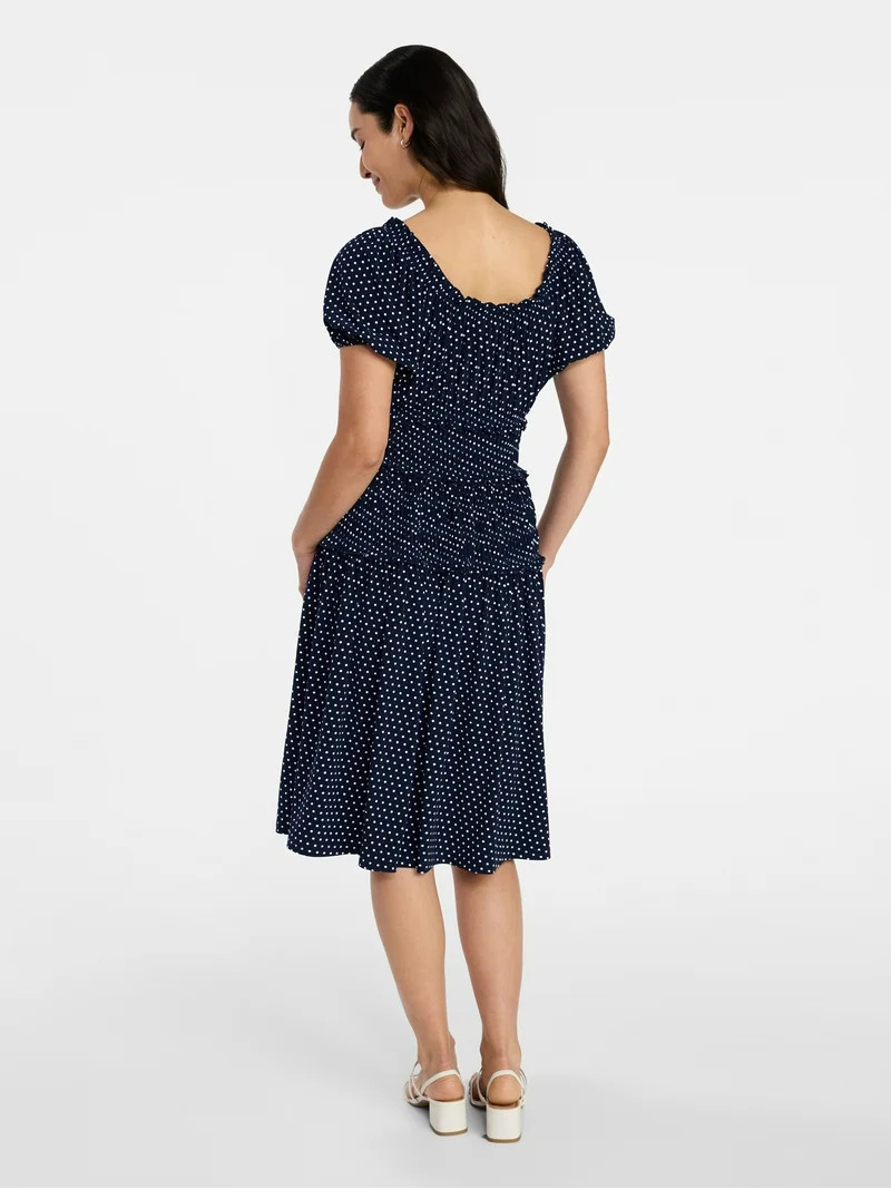 Time and Tru Women's Smocked Midi Dress with Short Puff Sleeves, Sizes XS-XXXL | Walmart (US)