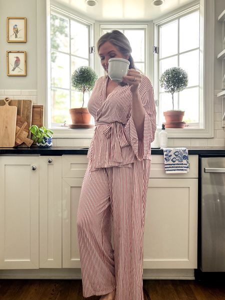 Cheers to the weekend!  My favorite pajamas are available in fresh spring colors.  Linking a few of the options.  The fabric is so soft & buttery.  Great for sleeping & lounging.  Runs tts & the ties make the top adjustable.   #loungewear #pajamas #grandmillennial 