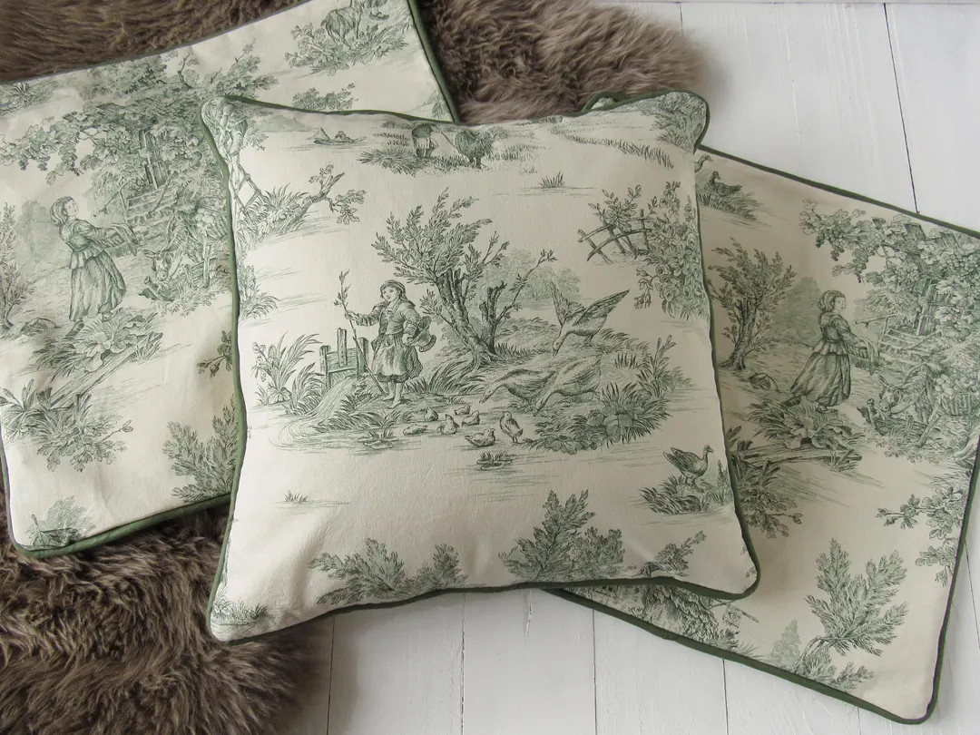 pillow case 40x40cm Toile de Jouy french country style country scene cushion cover green creme, b... | Etsy (AU)