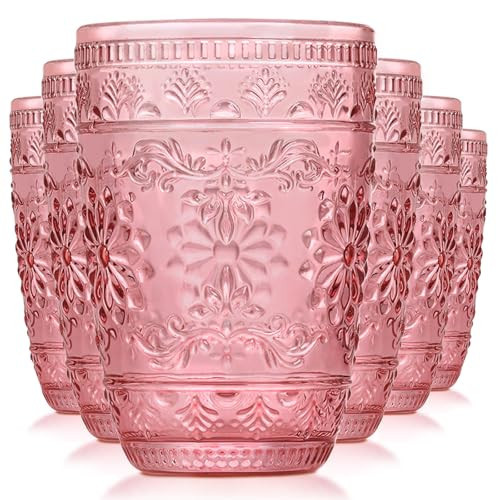 abrwyy Pink Glassware set of 6, Pink Drinking Glasses, Vintage Drinking Glasses, 14oz Colored Old Fashioned Glass Cups, Highball Glasses Set for Home Party Wedding | Amazon (US)