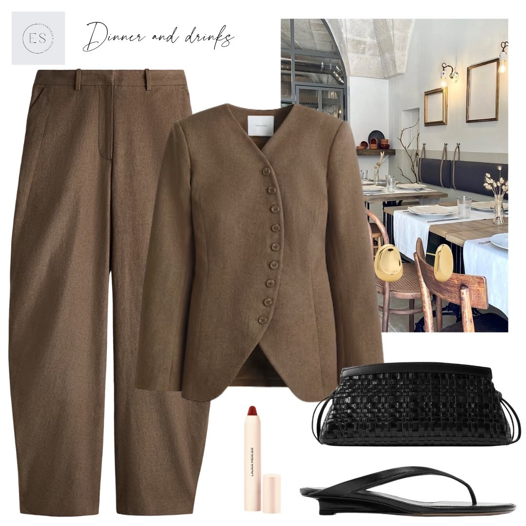 Smart casual Spring outfits.

Dark mole / brown collarless button tailored linen blend blazer, brown / mole balloon linen blend trousers, gold stud earrings, red lip crayon, black woven leather clutch, black kitten heel wedge leather flip flops. 

#LTKspring #LTKdatenight #LTKuk