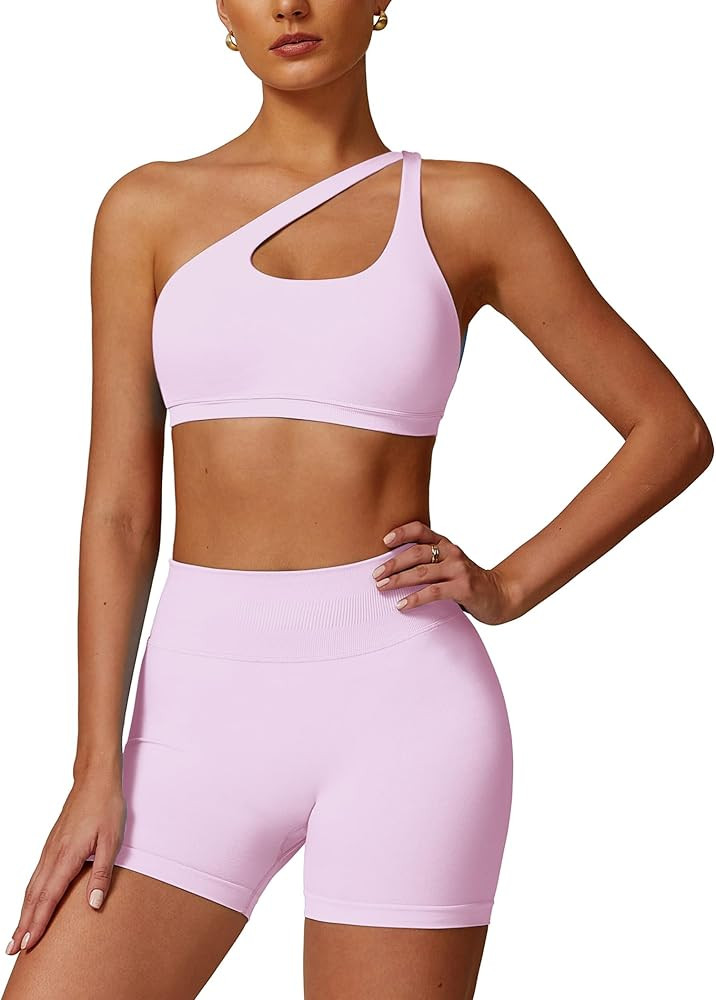 ABOCIW Workout Sets for Women Crossover High Waist Biker Shorts One Shoulder Sports Bra 2 Piece G... | Amazon (US)