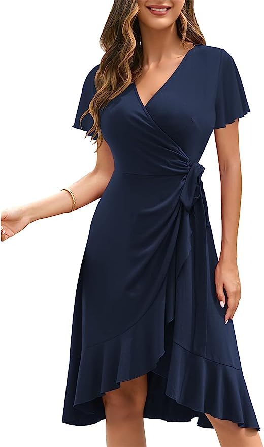 IHOT Women's Summer Sexy V Neck Short Sleeve Wrap Flowy Casual Cocktail Party Work Dress | Amazon (US)