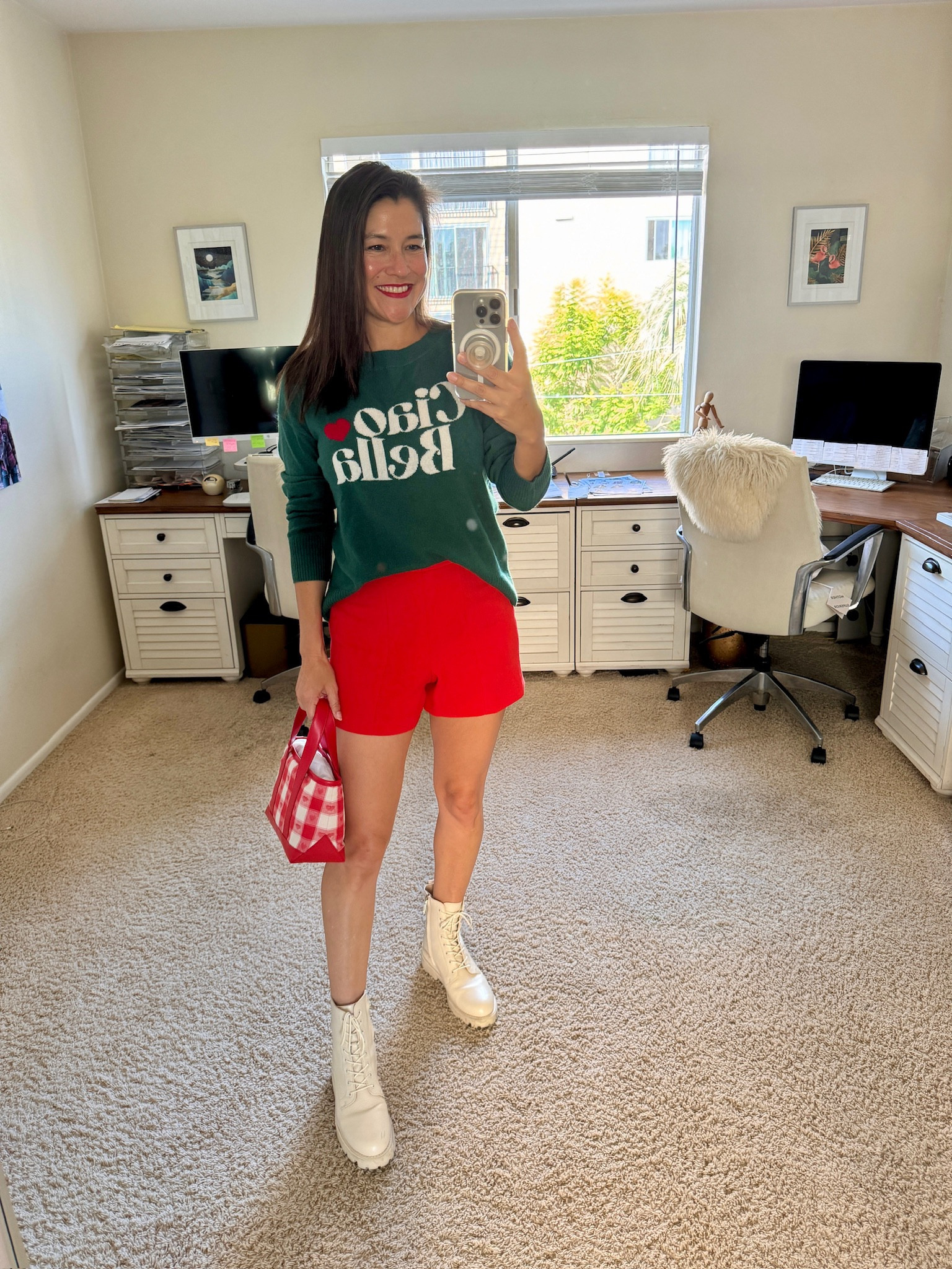 Fall Fashion: AQUA cashmere crewneck, with red shorts, combat boots, and Stoney Clover Lane mini tote

#LTKSeasonal #LTKShoeCrush #LTKStyleTip