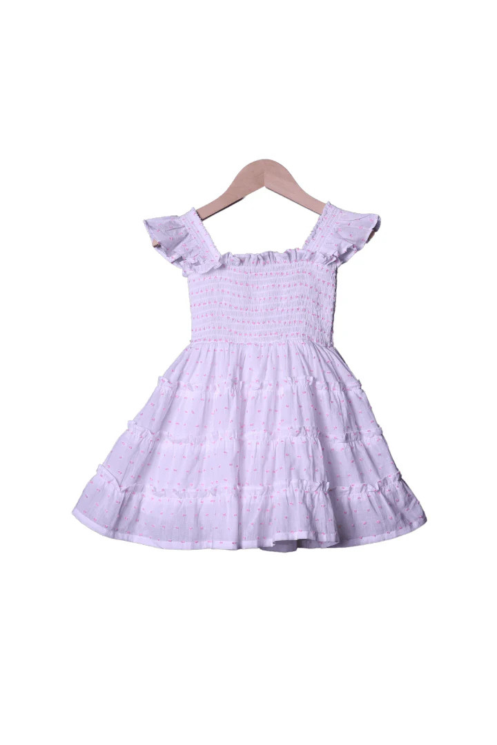 White and Pink Swiss Dot Little Girl Matching Dress | The Smocked Flamingo