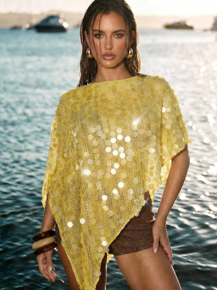 SHEIN BAE Women's Fashion Asymmetric Hem Sequin Embellished Cover Up Top, Yellow, Summer, Spring Break ,Valentine's Day, Beach For Women ,Birthday, Going Out, Beach For Women, Sequin Top, Elegant, Summer, Spring Break ,Valentine's Day, Carnival, Beach For Women, Vacation, Summer Holiday ,Yellow Sequins, Yellow Top,2026 Summer New Beachwear, Beach Party | SHEIN