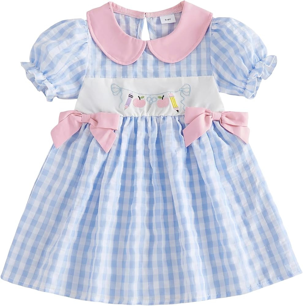Toddler Girl Back to School Smocked Dress Peter Pan Collar Puff Short Sleeve Embroidery Dresses K... | Amazon (US)