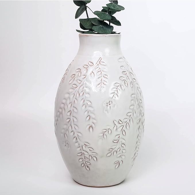Kendiis Textured Ceramic Vase for Decor, Modern Leaf Carve Flower Vase for Home Decor Living Room... | Amazon (US)
