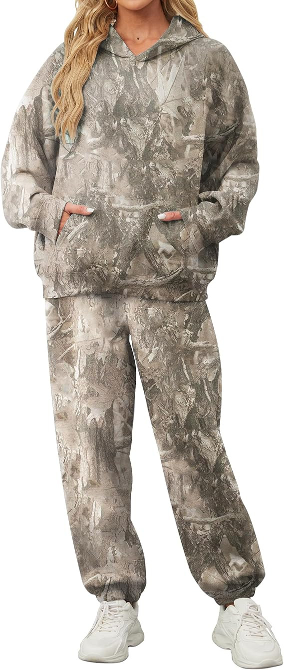 Camo Sweatsuits for Women Set 2 Piece Camo Hoodies Maple Leaf Print Oversized Sweatshirt Lounge S... | Amazon (US)