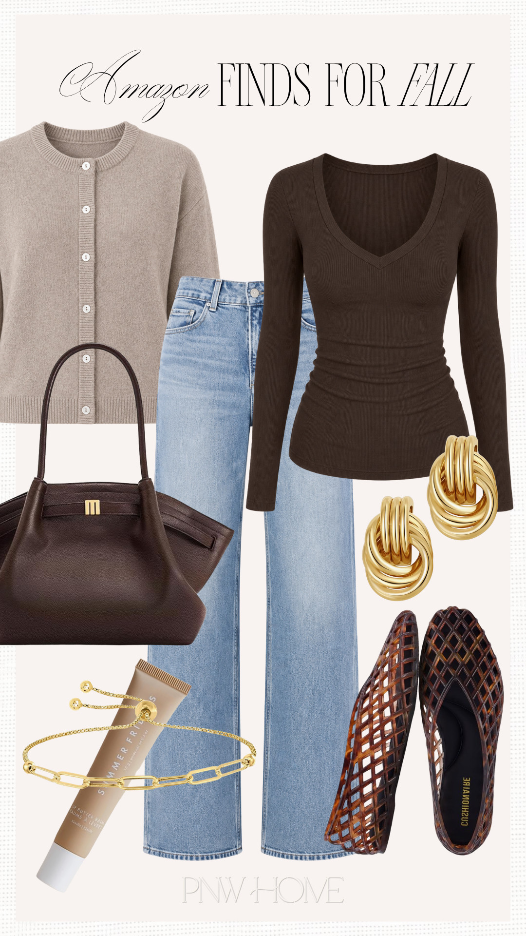 Amazon style finds for a casual chic look for fall!

fall fashion, fall style, fall outfit, fall looks, wide leg jeans, straight leg jeans, brown long sleeve tee, long sleeve shirt, neutral cardigan, gray cardigan, neutral fashion, neutral style, mom style, work casual, brown handbag, fall handbag, fall purse, gold bracelet, gold earrings, lip gloss, lip balm, brown flats, jelly shoes, jelly flats, chocolate brown 

 #LTKgrwm #LTKootd #LTKSeasonal