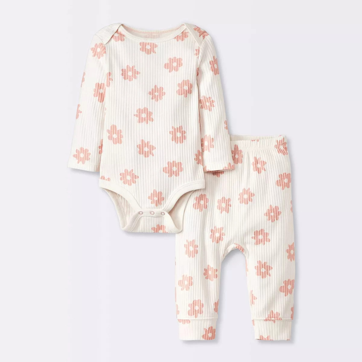 Baby 2pc Floral Wide Ribbed Top & Bottom Set - Cloud Island™ Cream 12M: Cotton Botanical Patter... | Target