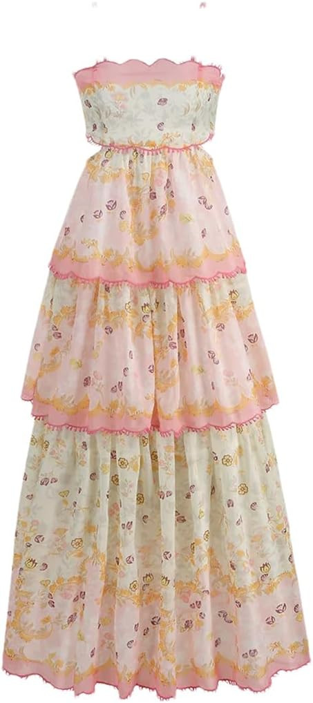 Women's Backless Suspender Waist Cake Long Dress Summer Hollow Suspender French Floral Dress | Amazon (US)