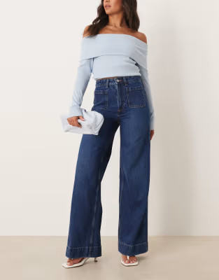 ASOS DESIGN high waist wide leg jeans with front pockets in dark wash | ASOS (Global)