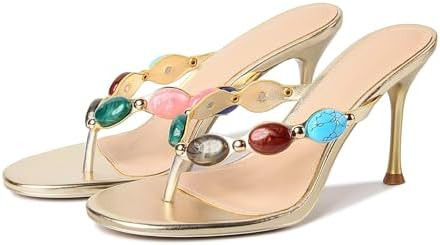 DREAMSTORY Women's Jeweled Thong Strappy Heels Sandals Comfortable Round toe High Heel Dressy Sum... | Amazon (US)