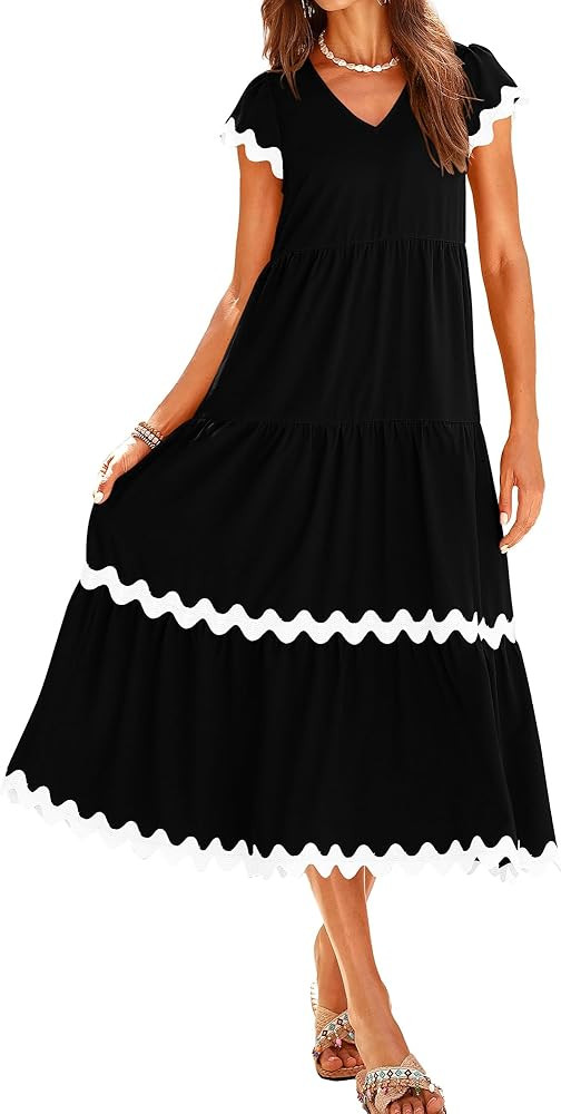 BTFBM Womens Summer Dresses 2024 V Neck Cap Sleeve RIC Rac Loose Tiered A-Line Beach Vacation Mid... | Amazon (US)