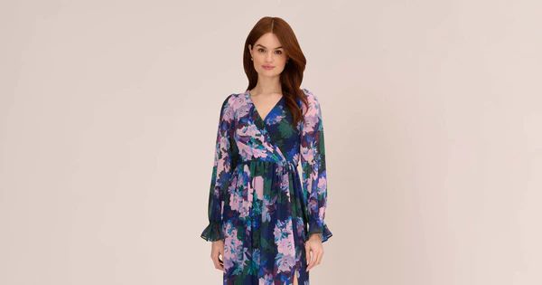 Floral-Print Long Shirred Chiffon Gown In Navy Multi | Adrianna Papell
