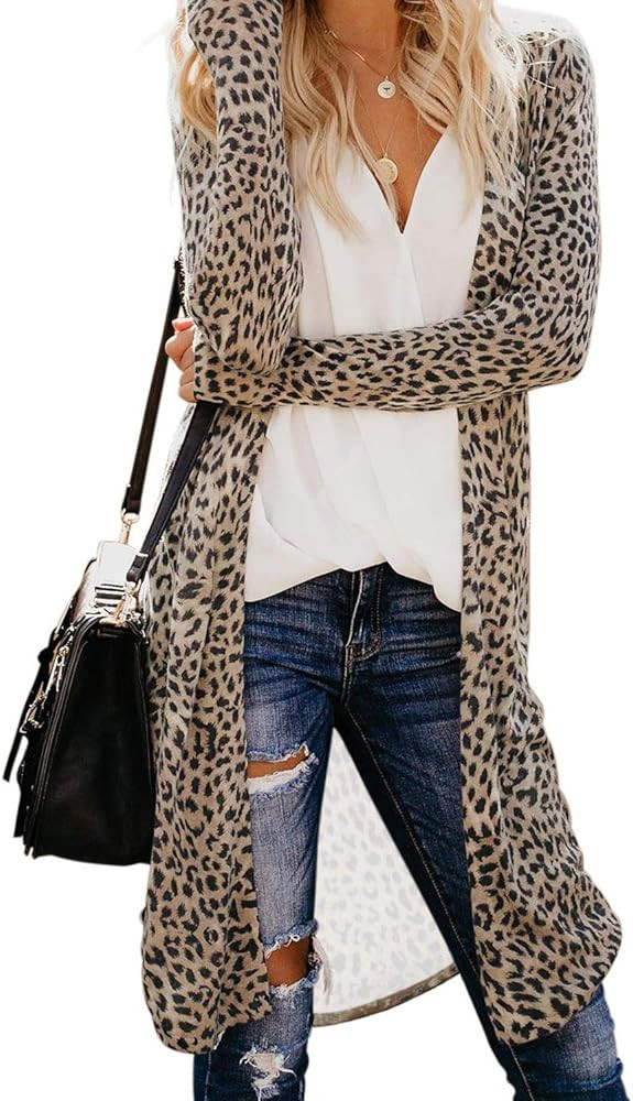 SEMARY Womens Open Front Long Sleeve Leopard Print Lightweight Soft Cardigan Casual Loose Outwear | Amazon (US)