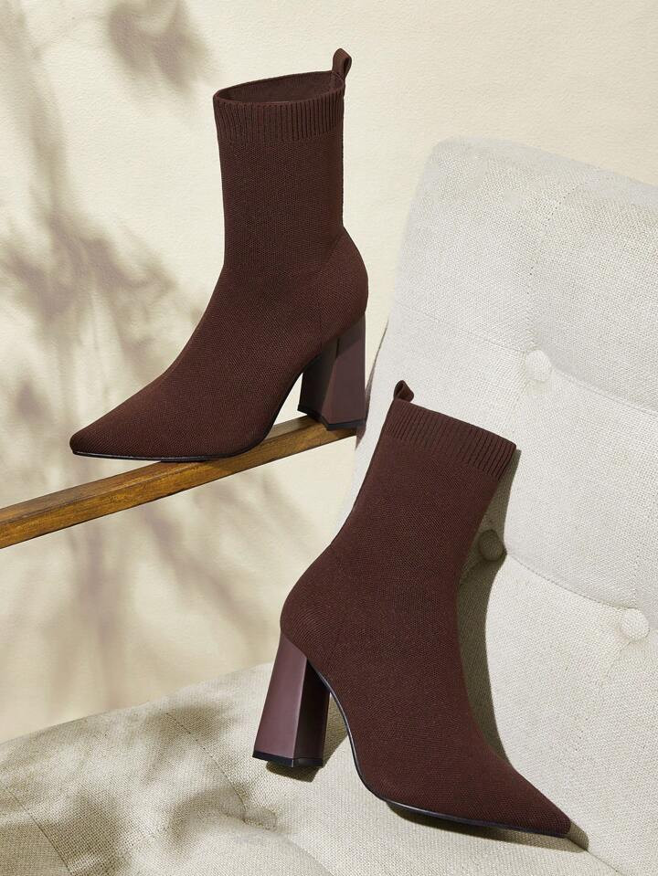 CUCCOO BASICS High-Heeled Pointed Toe Thick Heel Mid-Calf Elastic Knit Boots, Fashionable Dark Co... | SHEIN