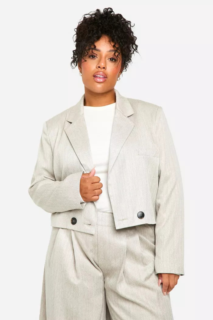 Plus Textured Single Button Cropped Boxy Blazer | boohoo (US & Canada)