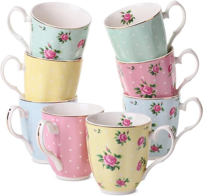 BTaT- Royal Coffee Mugs, 12 oz, Set of 8, Floral Mugs, Porcelain Bone China, Tea Mug, Coffee Cups... | Amazon (US)
