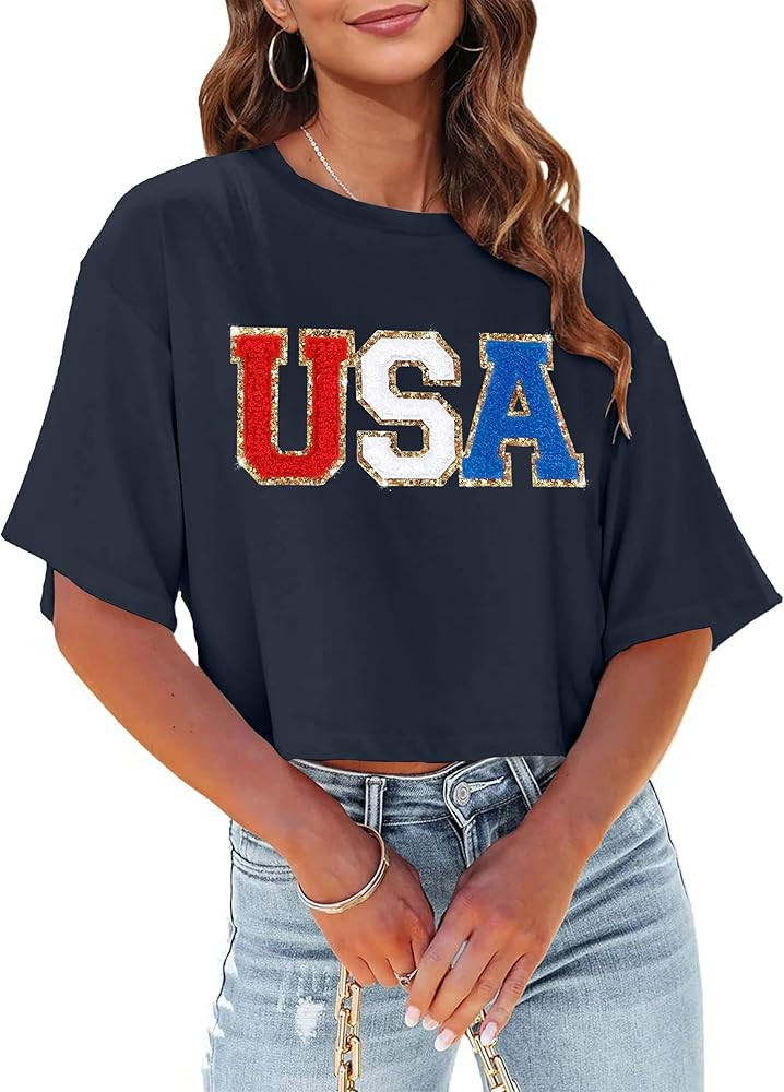 USA Shirts for Women American Star Sequin Crop Shirt Patriotic T-Shirt 4th of July Cropped Tees T... | Amazon (US)