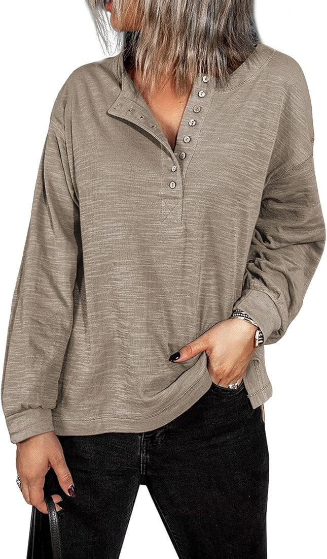 Sidefeel Womens V Neck Long Sleeve Henley Shirt Oversized Loose Button Down Tunic Tops Blouse | Amazon (US)