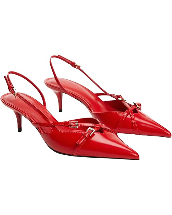 Riekhany Heeled Slingback Kitten Heels for Women Closed Pointed Toe Pumps with Buckles | Amazon (US)