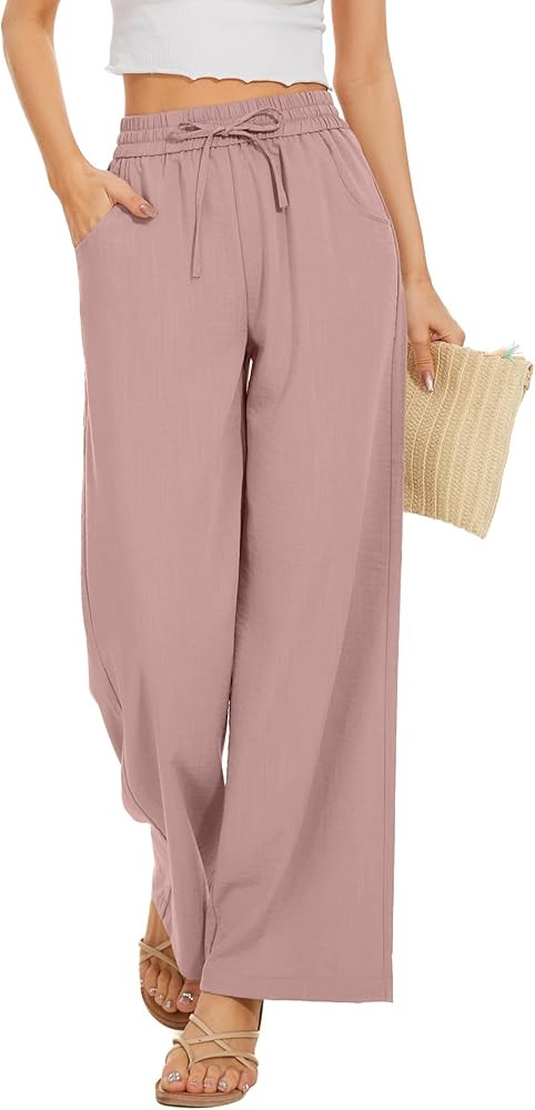 Women Flowy Pants Drawstring Waist Wide Leg Palazzo Beach Pants Loose Fit with Pockets | Amazon (US)