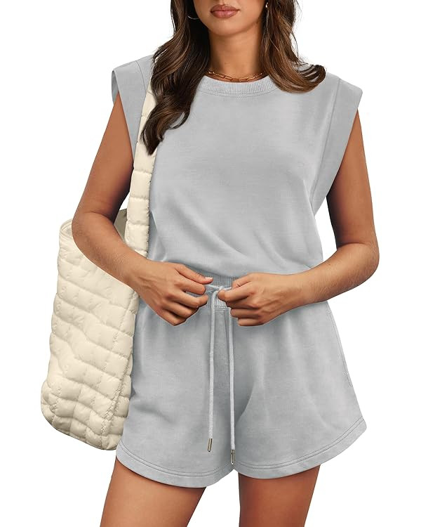 OFEEFAN Rompers for Women Summer Cap Sleeve Adjustable Drawstring Waistband Crewneck Casual Outfi... | Amazon (US)