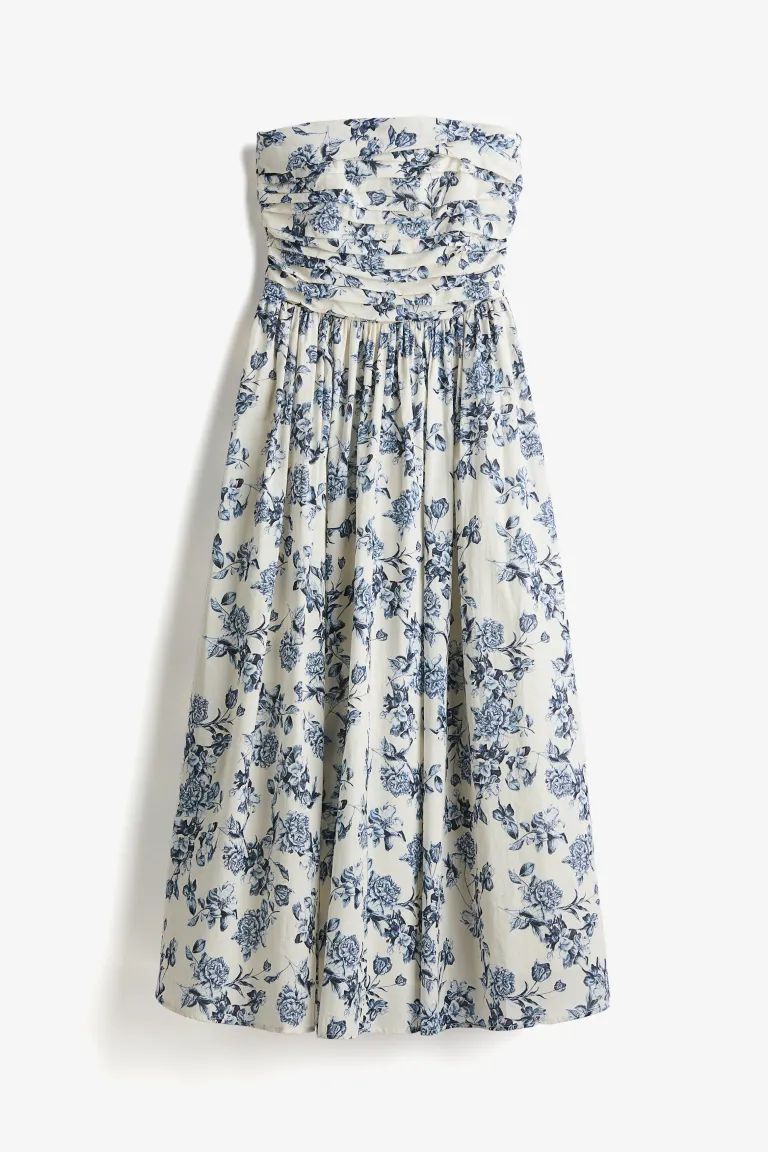 Pleated Bandeau Dress - Cream/blue floral - Ladies | H&M US | H&M (US + CA)