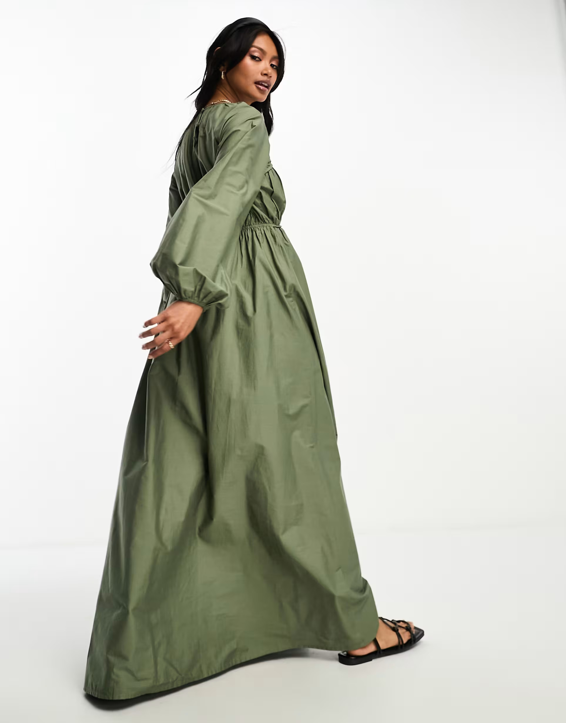 ASOS DESIGN cotton poplin maxi dress with ruched bust detail in olive    | ASOS | ASOS (Global)