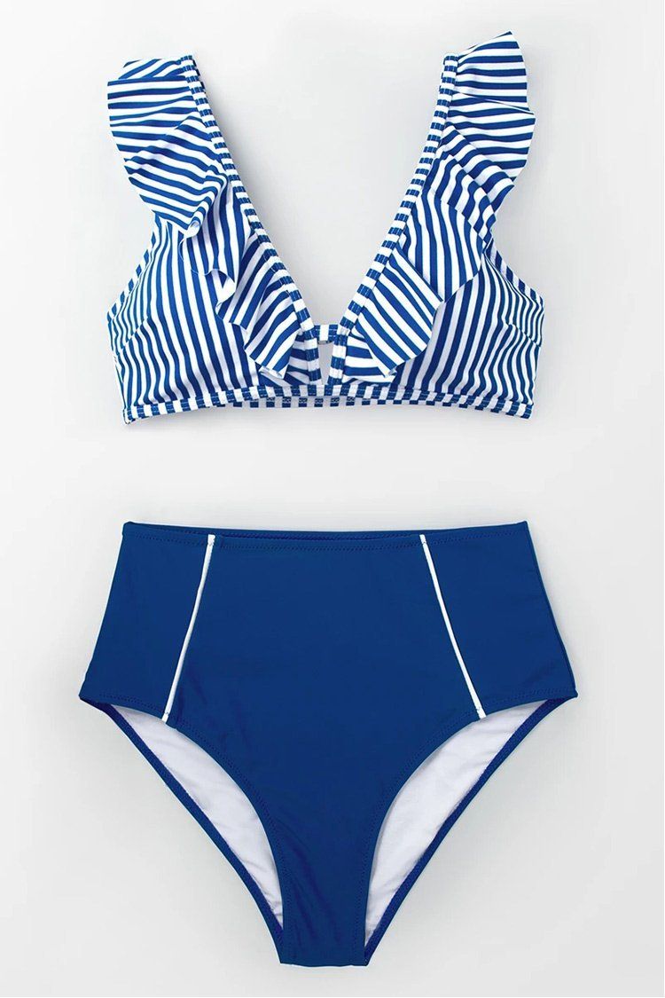 Blue Striped And High Waisted Bikini | Cupshe